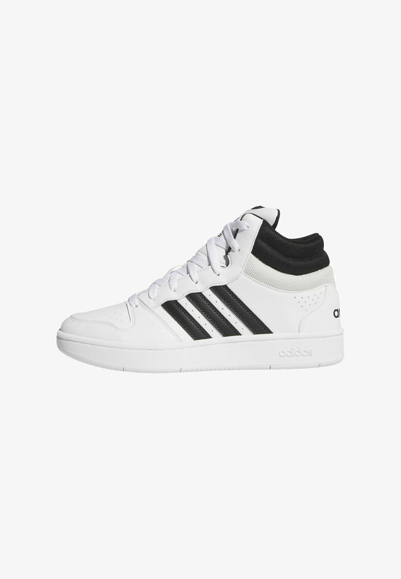 White high-top sneakers with black stripes and accents. Made of synthetic material, featuring a padded collar and rubber sole.