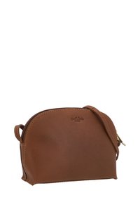 Braune Leder-Umhängetasche mit abgerundeter Form, Reißverschluss und kleinem Griff. Verfügt über ein eingeprägtes Logo auf der Vorderseite und sichtbare Nähte.