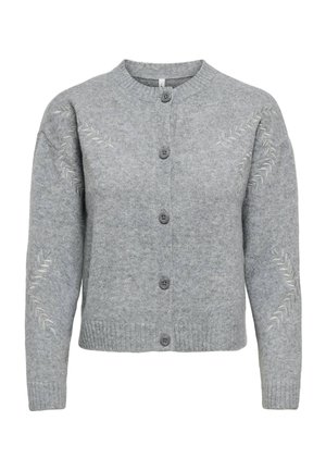 Light grey knit cardigan with round neck, button front, ribbed cuffs and hem, and subtle chevron embroidery on sleeves and shoulders.