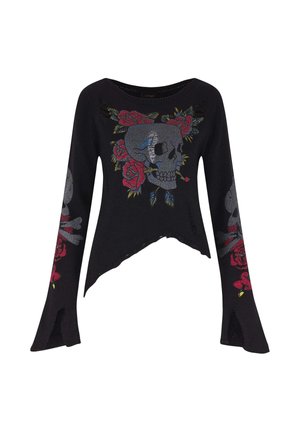 Top negro de manga larga con un gráfico de calavera y rosas rojas, con un dobladillo sin rematar y mangas acampanadas, hecho de un material de punto texturizado.