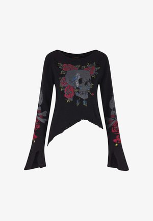 Top nero a maniche lunghe con un motivo di teschio grafico e rose rosse, orlo grezzo e maniche svasate, realizzato in un materiale di maglia testurizzato.