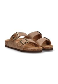 Sandalias de ante marrón con dos correas ajustables de hebilla, plantilla de corcho y suela de goma. Diseño plano con punta y talón descubiertos.