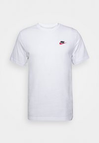 White short-sleeve crew neck t-shirt with small red and black Nike logo on the left chest.