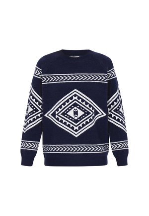 Pulover bleumarin cu modele geometrice albe, cu guler rotund, mâneci lungi și manșete și tiv cu textură ribbed. Fabricat dintr-un material moale și texturat.