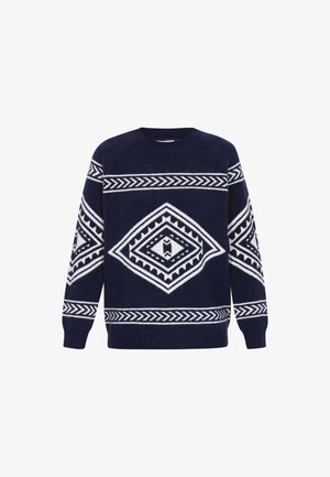 Temno modra pulover s belimi geometrijskimi vzorci, krojna vrhnja, dolge rokave in rebraste manšete in rob. Narejen iz mehkega, teksturiranega materiala.