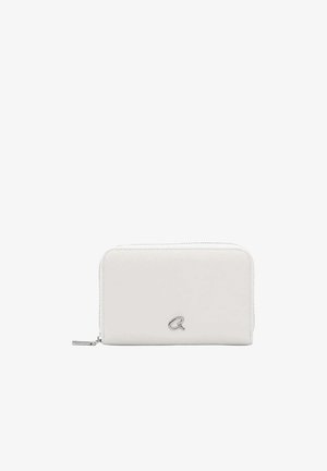 Portefeuille rectangulaire blanc avec fermeture éclair argentée à glissière rabattable et petit logo argenté au centre avant.