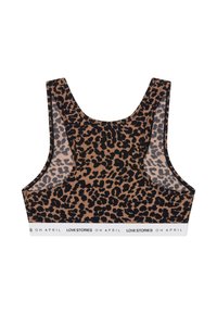 Leapardtrykk bralette i brun og svart, med et bredt elastisk bånd med tekst, myk stoffkvalitet, og et ermeløst design for komfortabel bruk.