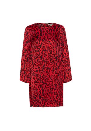 Czerwona sukienka z wzorem w panterkę w kolorze czarnym. Długie rękawy i prosty okrągły dekolt z zapięciem na suwak z tyłu.