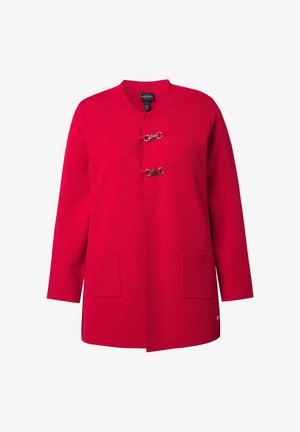 Roter Cardigan mit langen Ärmeln, rundem Ausschnitt, zwei aufgesetzten Taschen vorne und zwei silbernen Haken- und Ösenverschlüssen auf der Brust.