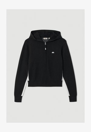 Schwarze Zip-Hoodie mit figurschmeichelndem Design, ausgestattet mit einer Kapuze, weißen seitlichen Akzenten und einem kleinen Logo auf der Brust. Weicher Stoff.
