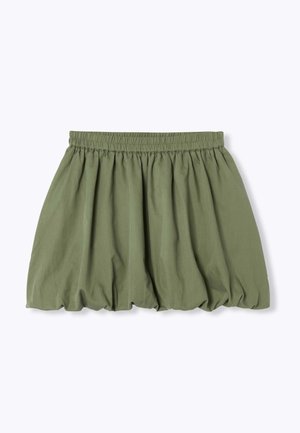 Jupe en coton verte avec taille élastique froncée et ourlet ballon, présentée à plat sur fond blanc.