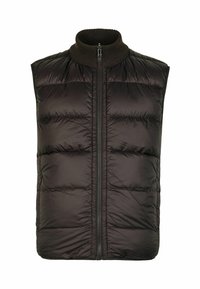 Schwarze Puffer-Weste mit einem hohen, gerippten Kragen. Verfügt über einen durchgehenden Reißverschluss und horizontal gesteppte Abschnitte. Glatte, glänzende Stofftextur.