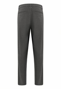 Gray trousers made of textured fabric, featuring an elastic waistband, and two back pockets, with a straight-leg design and no visible fastenings.