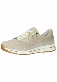 Beige Wildlederschuhe mit weißen Schnürsenkeln und einem seitlichen Reißverschluss. Verfügt über eine weiße Zwischensohle und eine Gummisohle. Glatte Textur mit minimalen Akzenten.