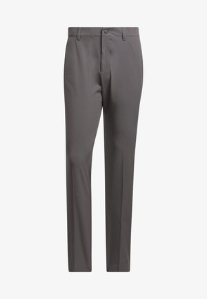 Gray trousers with a smooth texture, featuring a button closure, belt loops, and a tailored fit for a structured appearance.