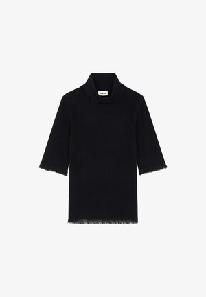 Pull noir à manches courtes en maille avec col haut et bords effilochés aux manches, au col et à l'ourlet.