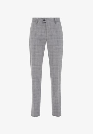 Sive karirane hlače iz učinkovitega tkanja. Imajo ravno sprednjo stran, zanke za pas in en gumb za zapiranje. Prilagojen kroj.