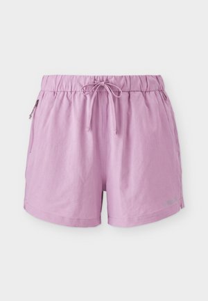 Ανοιχτό μοβ γυναικεία αθλητικά σορτς με κορδόνι στη μέση και φερμουάρ στην πλαϊνή τσέπη σε λευκό φόντο.