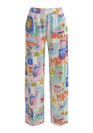 Colorful, lightweight fabric pants with an elastic waistband. Features vibrant Miami-themed graphics, including cars, palm trees, and seashells.