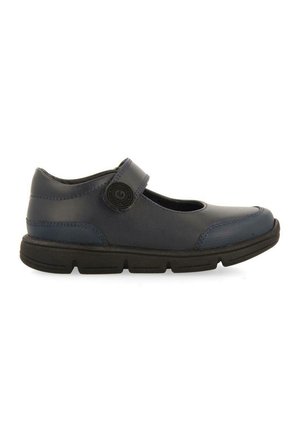Zapato infantil azul marino con punta redonda, tiras de velcro ajustables y acentos texturizados en la suela para mayor agarre. Parte superior de cuero liso.
