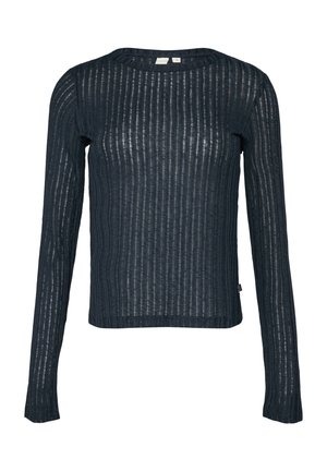 Marineblaues Langarmoberteil aus transparenter, strukturierter Stoff mit vertikalen Streifen. Rundhalsausschnitt und leicht verkürzter Saum. Etikett an der Seite sichtbar.