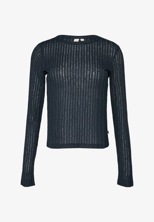 Marineblaues Langarmoberteil aus transparenter, strukturierter Stoff mit vertikalen Streifen. Rundhalsausschnitt und leicht verkürzter Saum. Etikett an der Seite sichtbar.