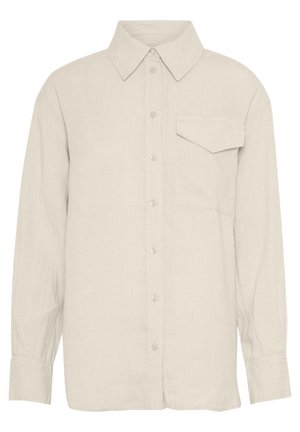 Light beige long-sleeve shirt made from linen. Features a pointed collar, button front, and a chest pocket on the left side.