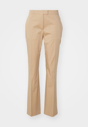 Beige, egyenes szárú nadrág, sima anyagból készült, lapos elülső résszel és látható zsebek nélkül.