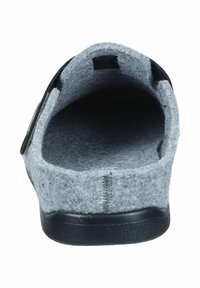 Back view of a gray felt slipper with black sole and adjustable strap on the side.