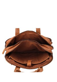 Borsa in pelle marrone con chiusura a zip, dotata di un interno in tessuto morbido e numerosi scomparti per un'organizzazione ottimale.