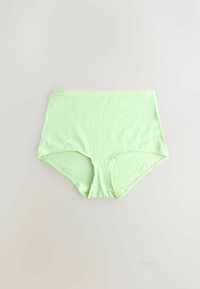 Sous-vêtement femme en coton vert clair taille haute avec un design lisse et sans coutures, posé à plat sur un fond uni.