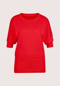 Helles Rot, kurzärmliger Strickpullover mit Rundhalsausschnitt und gerippten Bündchen und Saum auf einem hellbeigen Hintergrund.