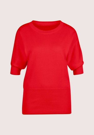 Helles Rot, kurzärmliger Strickpullover mit Rundhalsausschnitt und gerippten Bündchen und Saum auf einem hellbeigen Hintergrund.