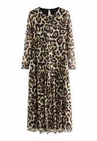 Robe à imprimé léopard avec des manches longues, un col rond et une jupe évasée froncée. Fabriquée en tissu léger et transparent.