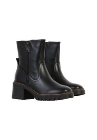 Zwarte leren enkelboots met een stevige hak, zijrits en een gestructureerde zool. Kenmerkt zich door contrasterende stiksels en een glad oppervlak.