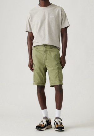 Szary t-shirt z krótkim rękawem z logo "Levi's", zestawiony z oliwkowo-zielonymi spodenkami typu cargo z bocznymi kieszeniami. Buty sportowe w wielokolorowym wzorze.