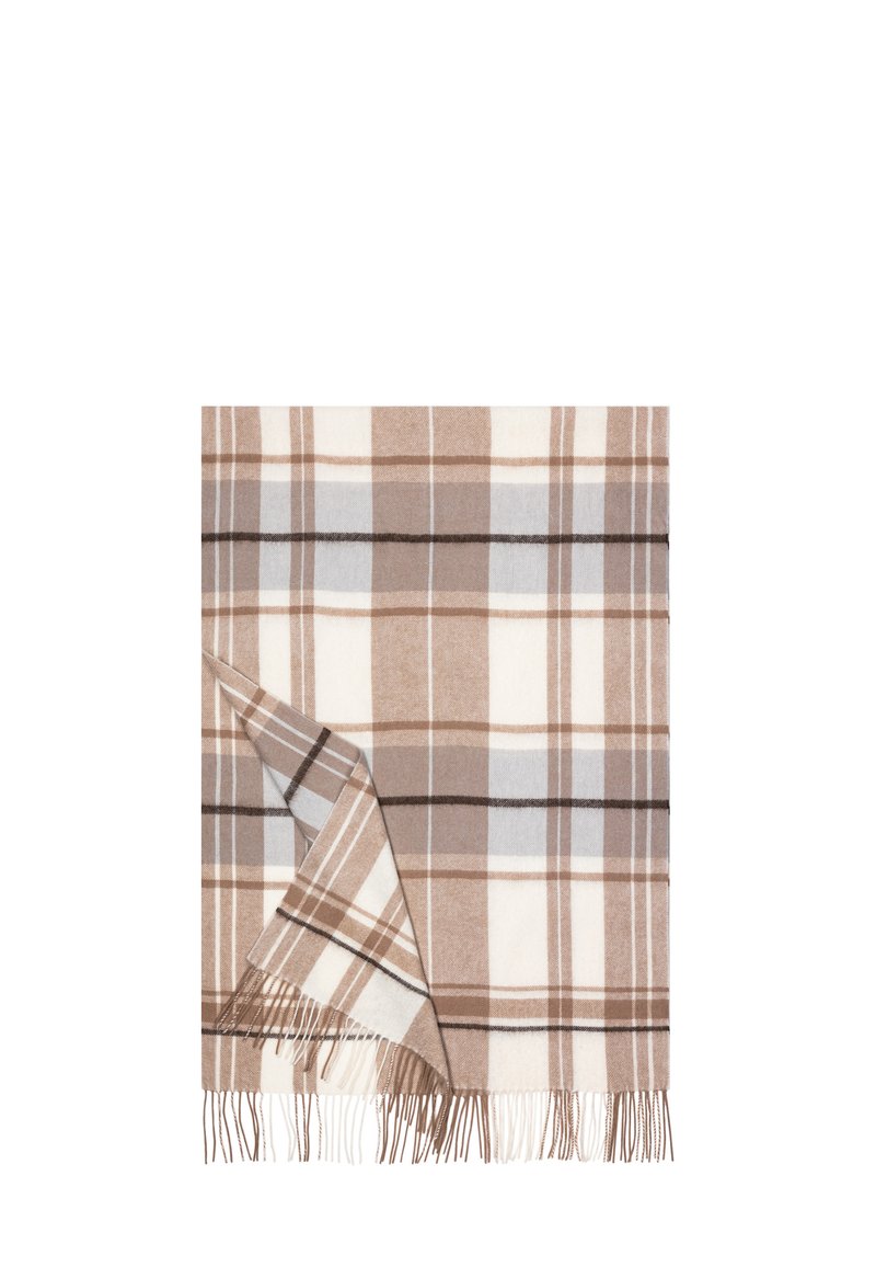 Woven blanket with a plaid pattern featuring brown, beige, and light blue hues. Soft texture with fringed edges.