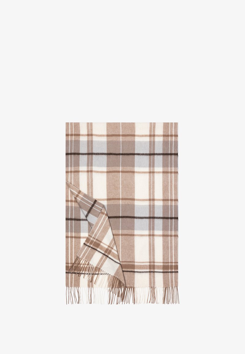 Gewebte Decke mit einem Karomuster in Braun-, Beige- und Hellblau-Tönen. Weiche Textur mit Fransenrändern.