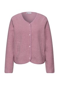 Vaaleanpunainen fleece-takki, jossa pitkät hihat, pyöreä helma, etupuolella painonapit ja hillityt sivutaskut.