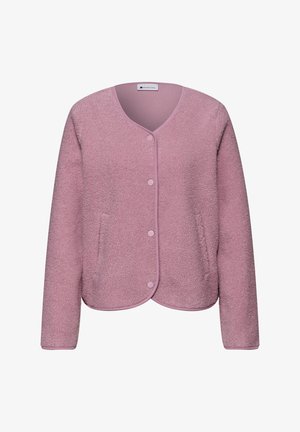 Chaqueta de forro polar de color púrpura claro con mangas largas, dobladillo redondeado, botones a presión en la parte delantera y discretos bolsillos laterales.