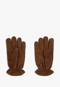 Guantes de ante marrón con un diseño clásico de tres costuras, puño elástico y textura suave, que muestran un color uniforme y intenso.