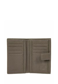 Portefeuille en cuir marron avec une finition texturée, comportant plusieurs emplacements pour cartes, une fermeture à pression simple et un design compact et rectangulaire.