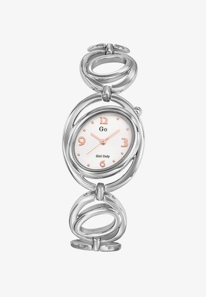 Silbernes Metallarmbanduhr mit ovalem Zifferblatt, weißem Ziffernblatt, roségoldenen Akzenten und einem einzigartigen Glieddesign aus abwechselnd offenen und geschlossenen Kreisen.