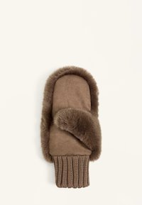 Bruine wanten met een zachte nepbonten boord en een gebreide pols. Het materiaal is glad met een getextureerde brei aan de basis voor een stevige pasvorm.