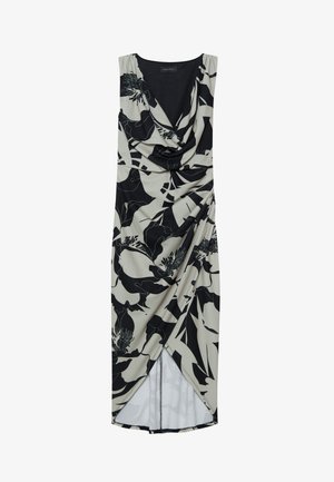 Ilma varrukateta kleit, millel on looderdav kaelus, musta lillemustriga kreemjalgselt, külgseeliku lõhe ja kogumise detailid.