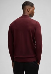Een man staat met zijn rug naar de camera, gekleed in een kastanjebruine lange mouwen shirt, tegenover een lichtgrijze achtergrond.