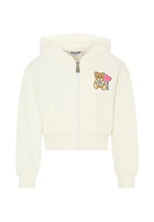 Ivoor cropped hoodie met een ritssluiting aan de voorkant, voorzien van een teddybeer grafiek en "Moschino" branding. Gemaakt van zachte stof met geribbelde manchetten.