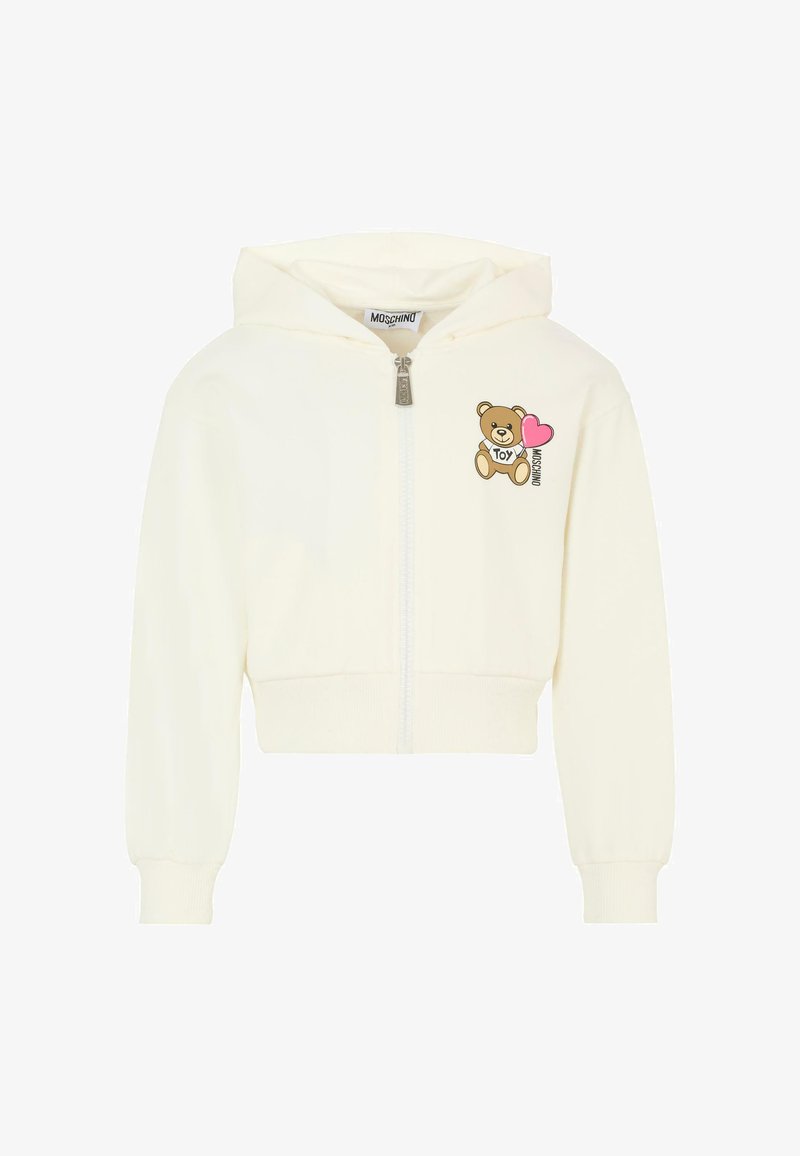 Hoodie cropped ivoire avec une fermeture éclair à l'avant, présentant un graphique d'ours en peluche et le logo "Moschino". Fabriqué en tissu doux avec des poignets côtelés.