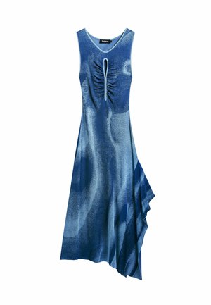 Abito blu con design senza maniche, frontale arricciato con un'apertura a chiave e orlo asimmetrico con una trama di tessuto fluido.