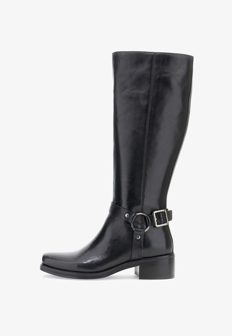 Svarta läderstövlar som går upp till knäna, med rundad tå, blockklack, sidobanddetalj och en slät yta, med en strömlinjeformad silhuett.